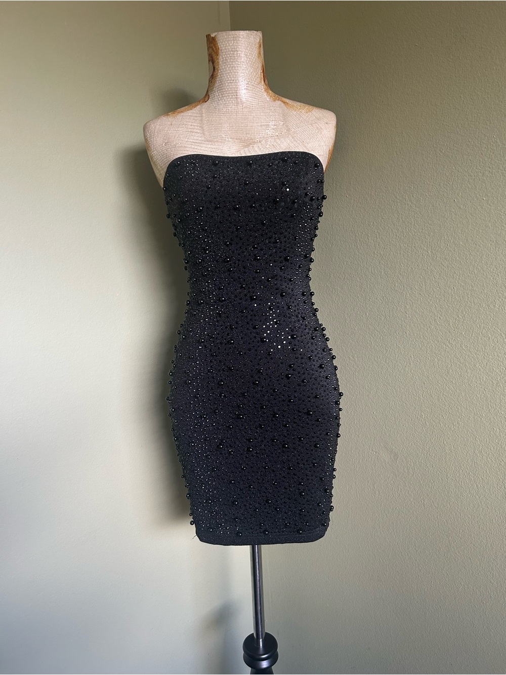 Luxxel Black Stretchy Strapless Beaded Bodycon Dress Sz